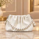 Ruched Clutch Bag with Pearl Chain