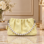 Ruched Clutch Bag with Pearl Chain