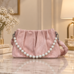 Ruched Clutch Bag with Pearl Chain