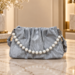 Ruched Clutch Bag with Pearl Chain