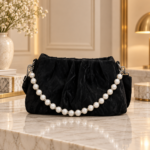 Ruched Clutch Bag with Pearl Chain