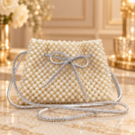Pearl Beaded Bag with Rhinestone Bow Strap