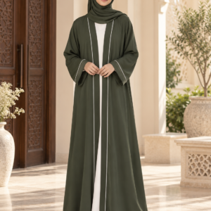 Olive Open Abaya – Ivory Piping