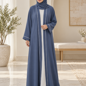 Slate Blue Open Abaya – Ivory Trim