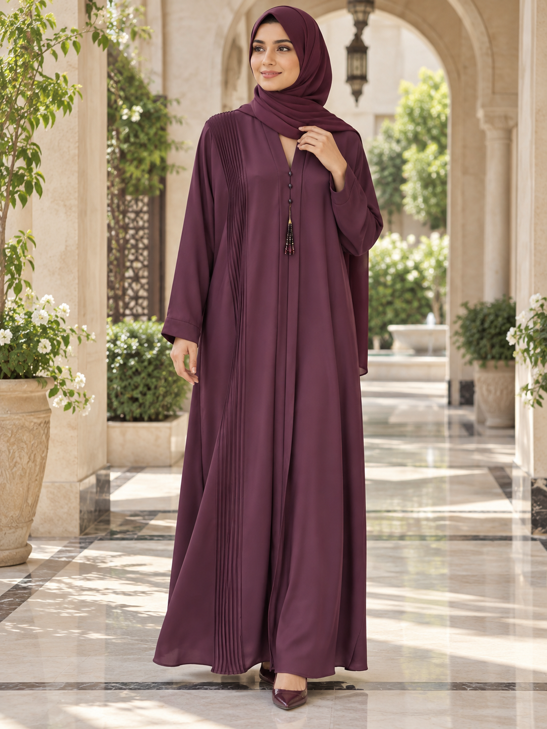 Deep Burgundy Pleated Abaya – Tassel Charm