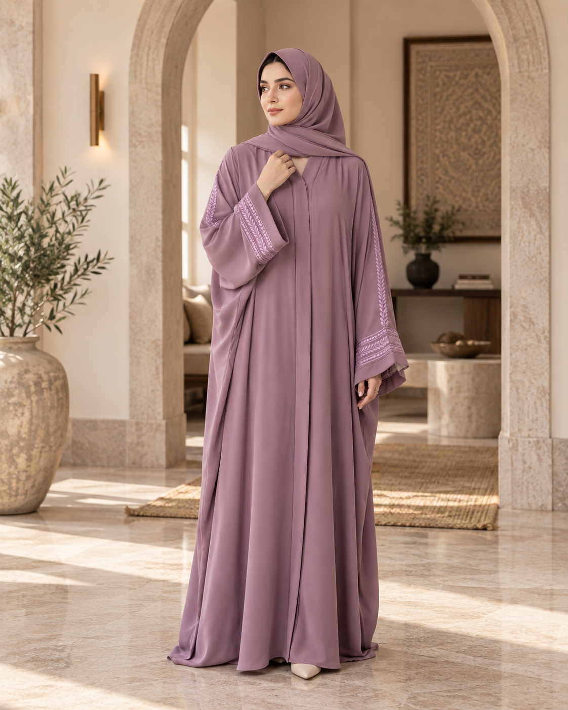 Dusty Mauve Embroidered Abaya – Soft Grace